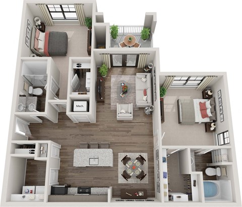 Floor plan for 2 beds, 2 baths, 1168 sqft